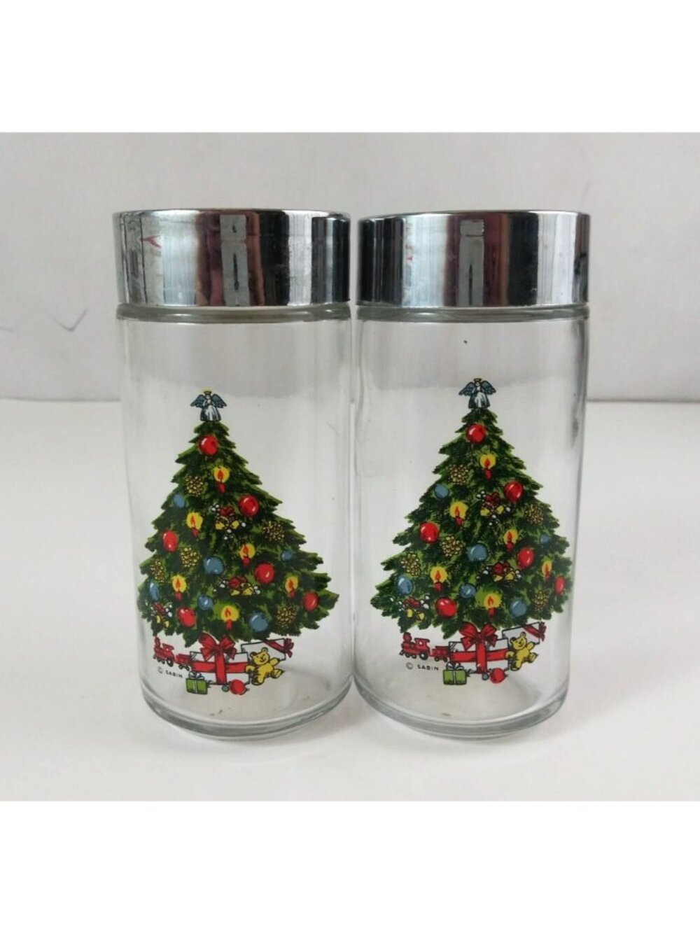 Vintage Sabin Clear Glass With Christmas Tree Design 4.75" Salt & Pepper Shakers